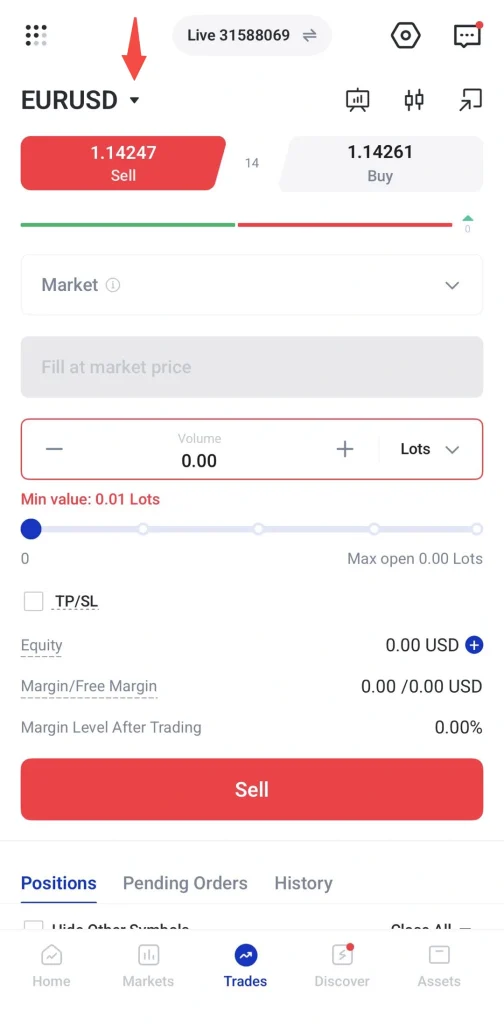 image 1 VT Markets Trading app screen for EURUSD prominent red Sell button beside a gray Buy button price 114247 order volume field and a size slider for placing a sell order