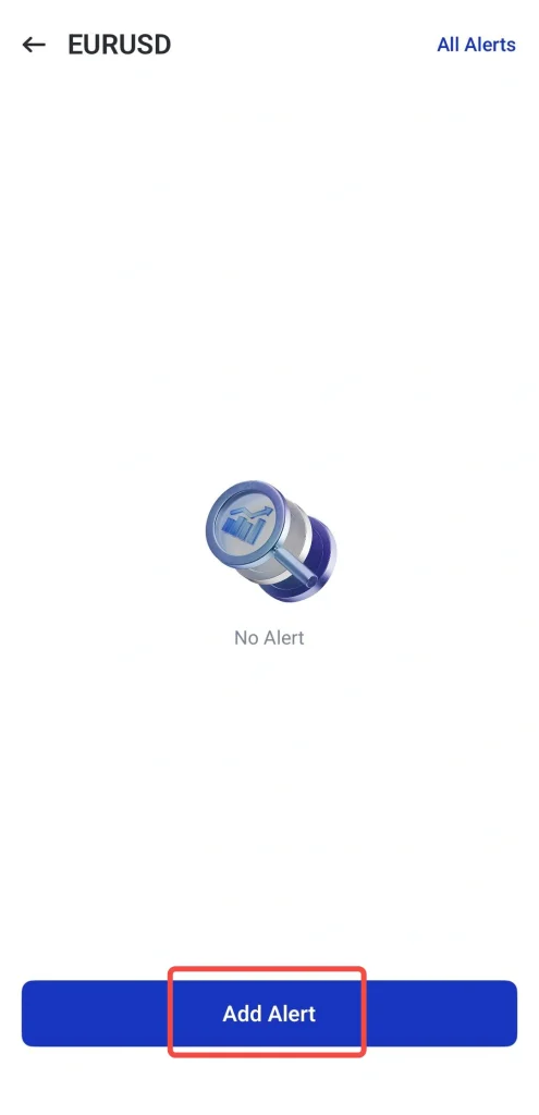 image 1 VT Markets Screen showing forex alerts Add Alert button highlighted at bottom no current alerts EURUSD