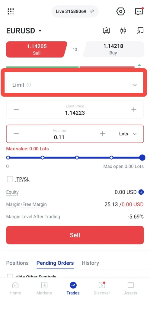 image 11 VT Markets Trading app screen showing EURUSD with Sell and Buy buttons Limit order panel highlighted in red price 114223 volume 011 max 000 lots Sell button at bottom