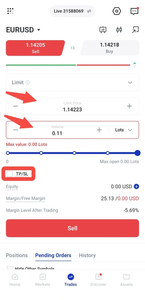image 12 VT Markets Trading app screen showing EURUSD sellbuy with limit price 114223 and volume 011 TPSL option available unchecked but button Sell is prominent below
