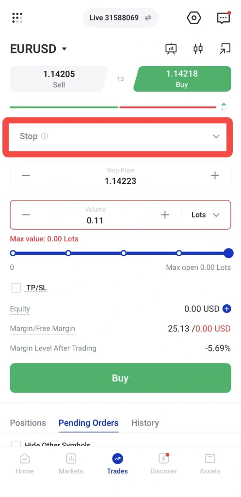 image 14 VT Markets EURUSD trading screen highlighted Stop order panel Stop Price 114223 Volume 011 Buy button below