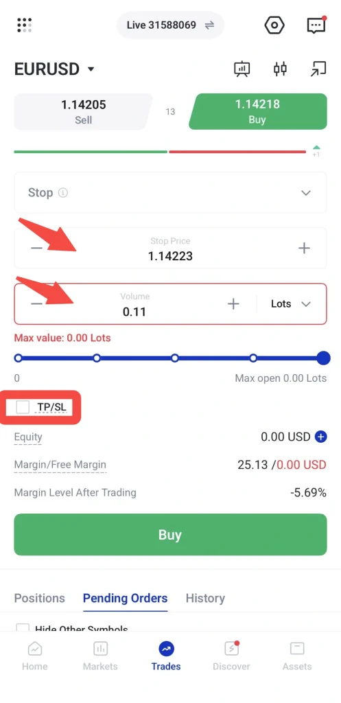 image 15 VT Markets Forex trading screen for EURUSD Sell price 114205 and Buy price 114218 Stop price 114223 Volume 011 lots with + controls TPSL option visible large green Buy button at bottom