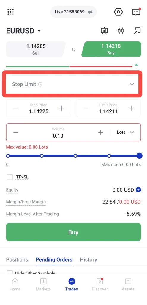 image 17 VT Markets Trading app screen showing EURUSD with Buy and Sell Stop Limit panel highlighted for order setup