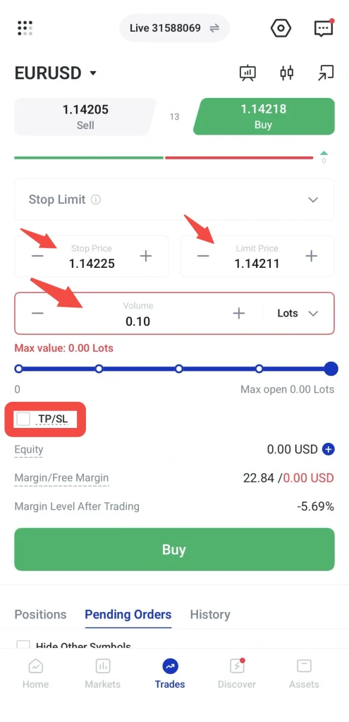 image 18 VT Markets Trading screen for EURUSD with Buy price 114218 and Sell 114205 Stop 114225 Limit 114211 Volume 010 Lots Buy button
