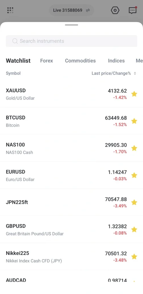 image 2 VT Markets Screenshot of a Watchlist XAUUSD GoldUS Dollar at 413262 142 BTCUSD Bitcoin 6344968 152 NAS100 2990530 170 EURUSD 114247 003 JPN225 7054788 349 GBPUSD 132382 008 Nikkei225 7050132 348 AUDCAD 098714