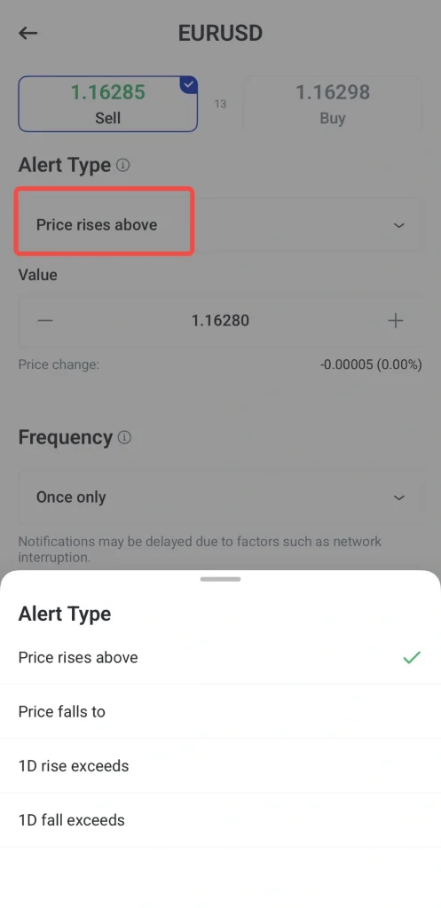 image 2 VT Markets Screen shows an FX trading alert setup selected alert type is Price rises above for EURUSD with value 116280 set