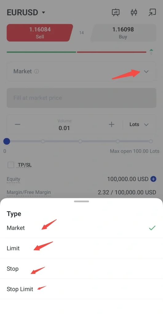 image 20 VT Markets Mobile trading app screen showing order type menu with Market selected and options for Limit Stop and Stop Limit open