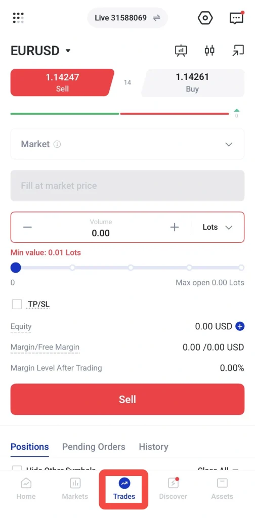 image VT Markets Forex trading app EURUSD pair with Sell 114247 and Buy 114261 buttons volume slider below