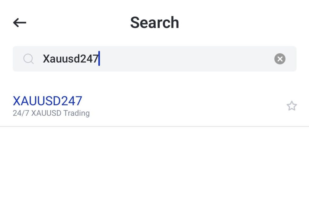 image VT Markets Search results for XAUUSD247 listing shows the XAUUSD247 item with subtitle 247 XAUUSD Trading and a favorite star icon