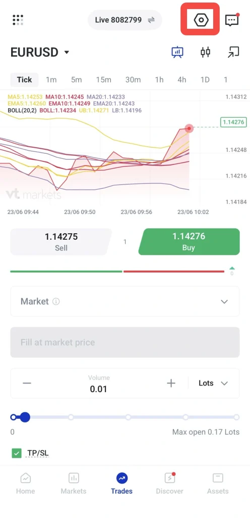 image 3 VT Markets Trading app screen showing EURUSD chart with multiple colored lines and Bollinger bands current price 114276 with Buy button highlighted in green and Sell button on left