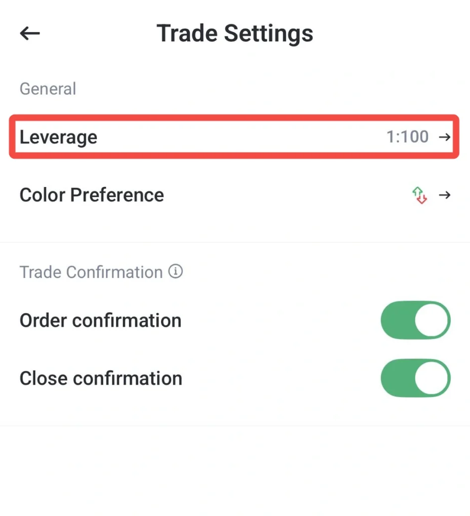 image 4 VT Markets Trade Settings screen showing Leverage set to 1100 highlighted in red with Color Preference and Trade Confirmation options below and toggle switches for Order and Close confirmations on the right