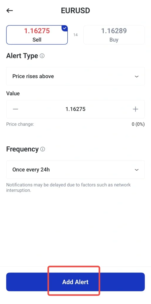 image 4 VT Markets EURUSD alert setup screen Sell price 116275 Buy 116289 alert type Price rises above Add Alert button at bottom