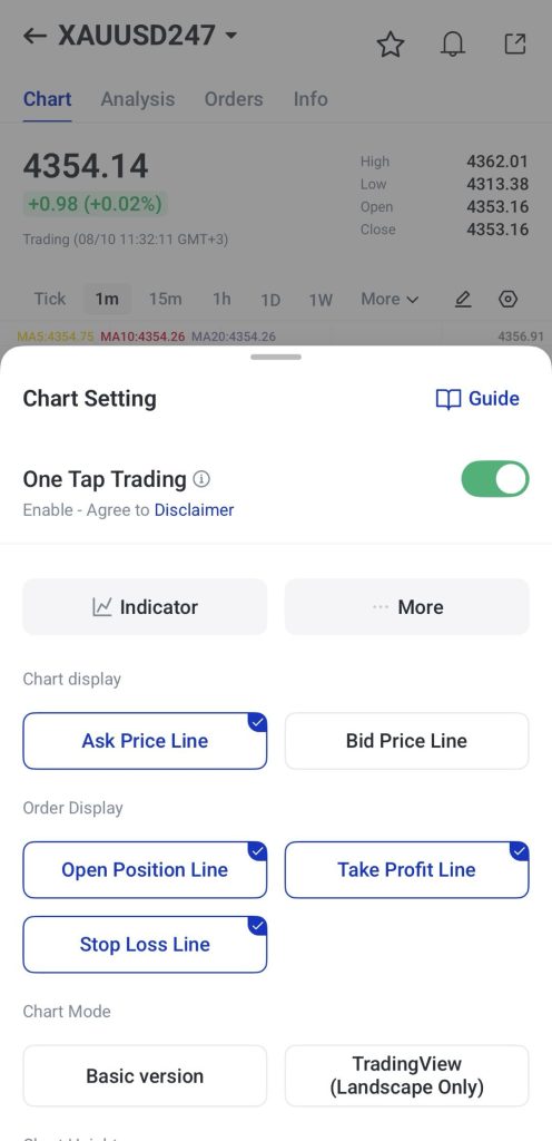 image VT Markets Chart Settings modal over a stock chart showing One Tap Trading toggle and options for indicators price lines and chart modes