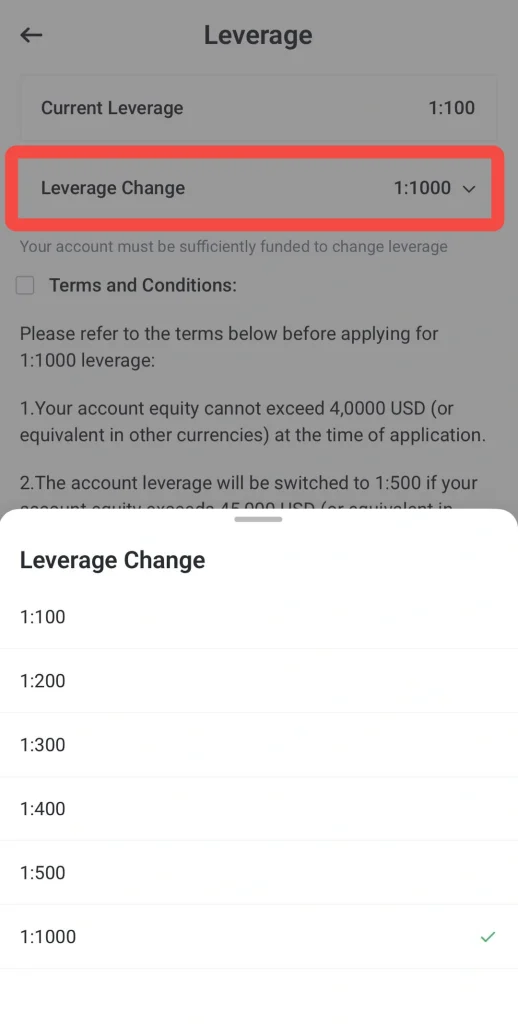image 5 VT Markets Leverage settings screen showing Current Leverage 1100 and Leverage Change 11000 with a dropdown bottom sheet displaying available changes 1100 to 11000 and a selected 11000 with checkmark
