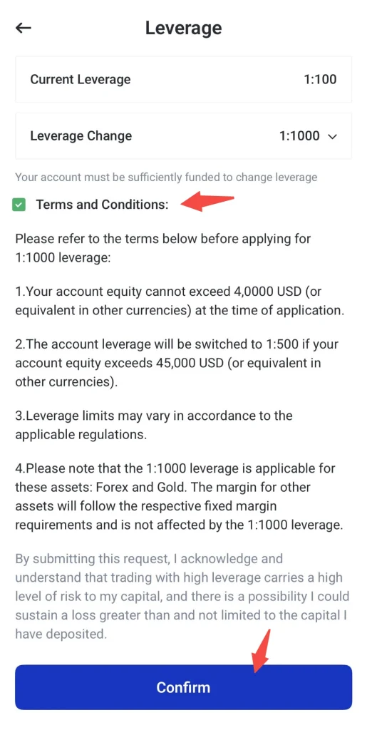 image 6 VT Markets Leverage settings screen with Current Leverage and Leverage Change a Terms and Conditions checkbox and a large Confirm button