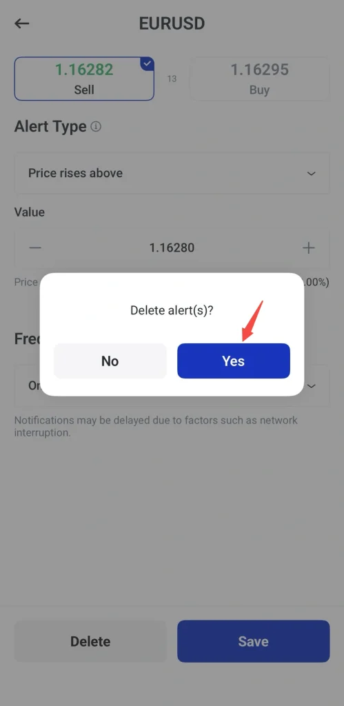 image 7 VT Markets Modal confirmation Delete alerts with Yes blue and No gray options Yes highlighted by the blue button