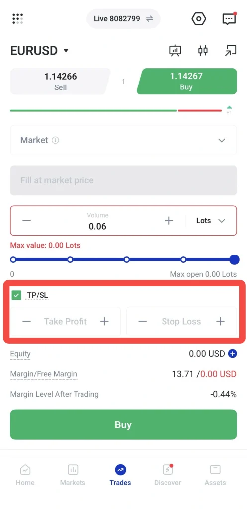 image 8 VT Markets Trading app screen with a red highlighted TPSL panel showing Take Profit and Stop Loss inputs side by side above the Buy button