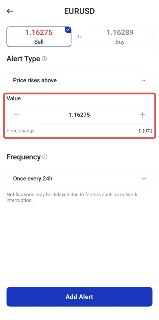 image 8 VT Markets Trading app set a price alert for EURUSD to trigger when price rises above 116275 and shows current value 116275 with + controls frequency once every 24h Add Alert button visible