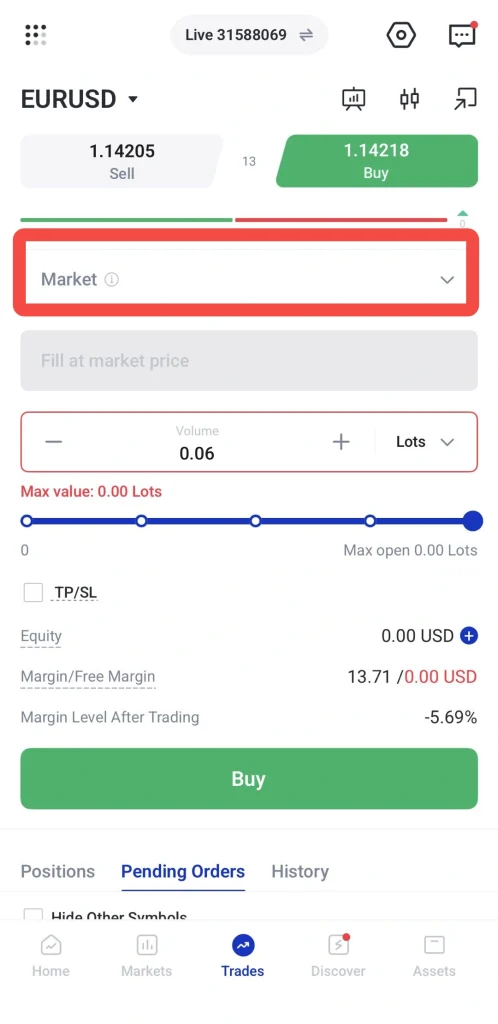 image 9 VT Markets EURUSD trading screen with Sell 114205 and Buy 114218 Market order section outlined in red volume 006 Lots selector Buy button visible