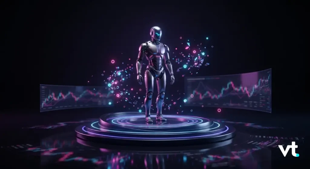Futuristic humanoid robot stands on a glowing circular pedestal, neon particles around it with curved holographic stock charts in the background (vt logo in corner).