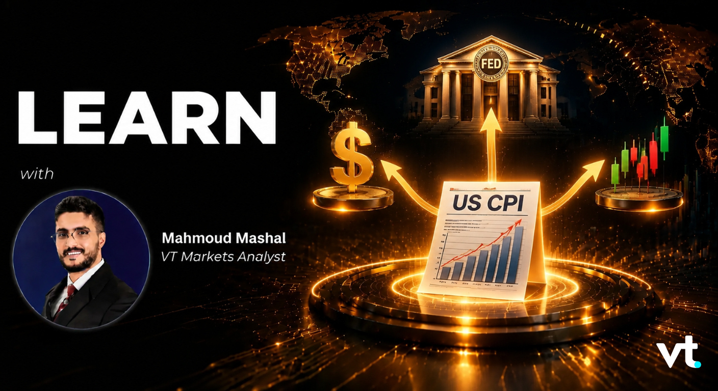 Promotional banner: Mahmoud Mashal, VT Markets Analyst, teaching US CPI with rising chart and gold graphics.