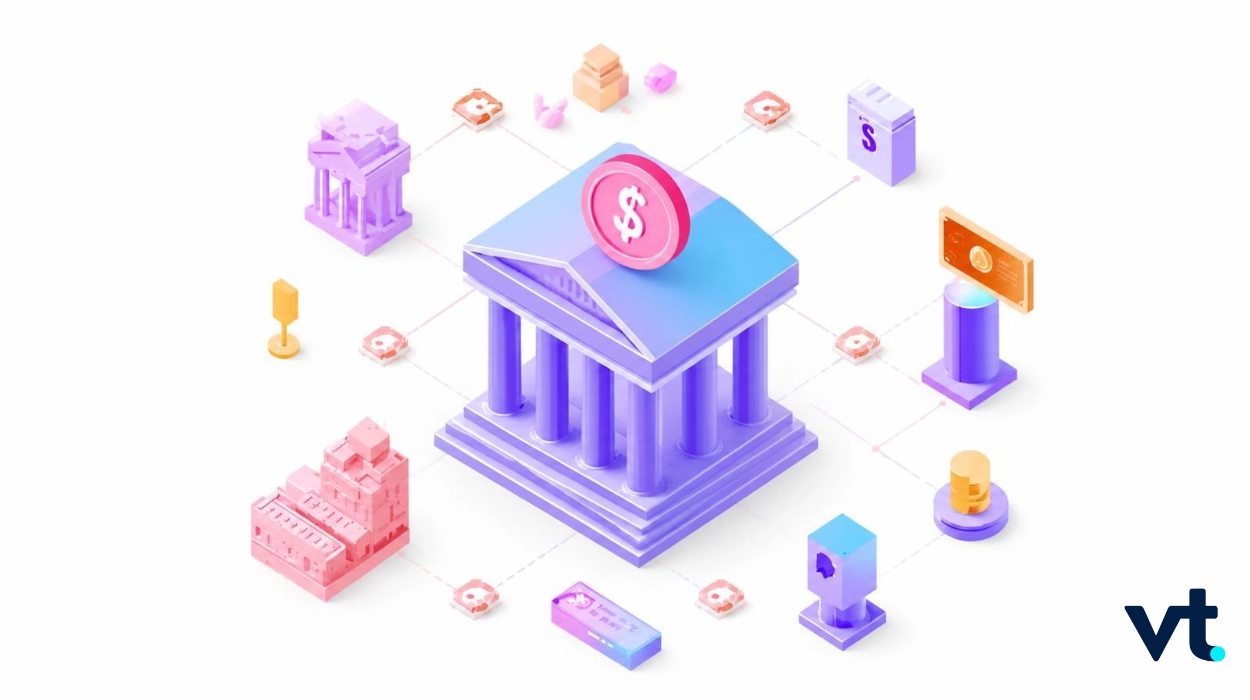 BankBlockchain VT Markets Isometric illustration of a central bank building with a dollar coin on top connected to surrounding financial institutions and icons indicating a financial network