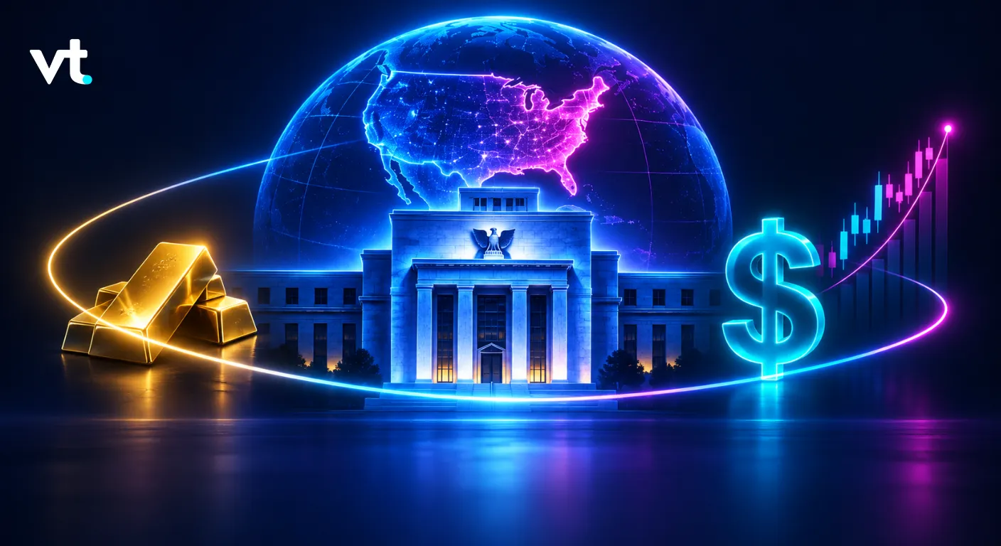 Neon finance collage with gold bars, a glowing dollar sign, a government building, and a glowing world globe (vt logo in corner).