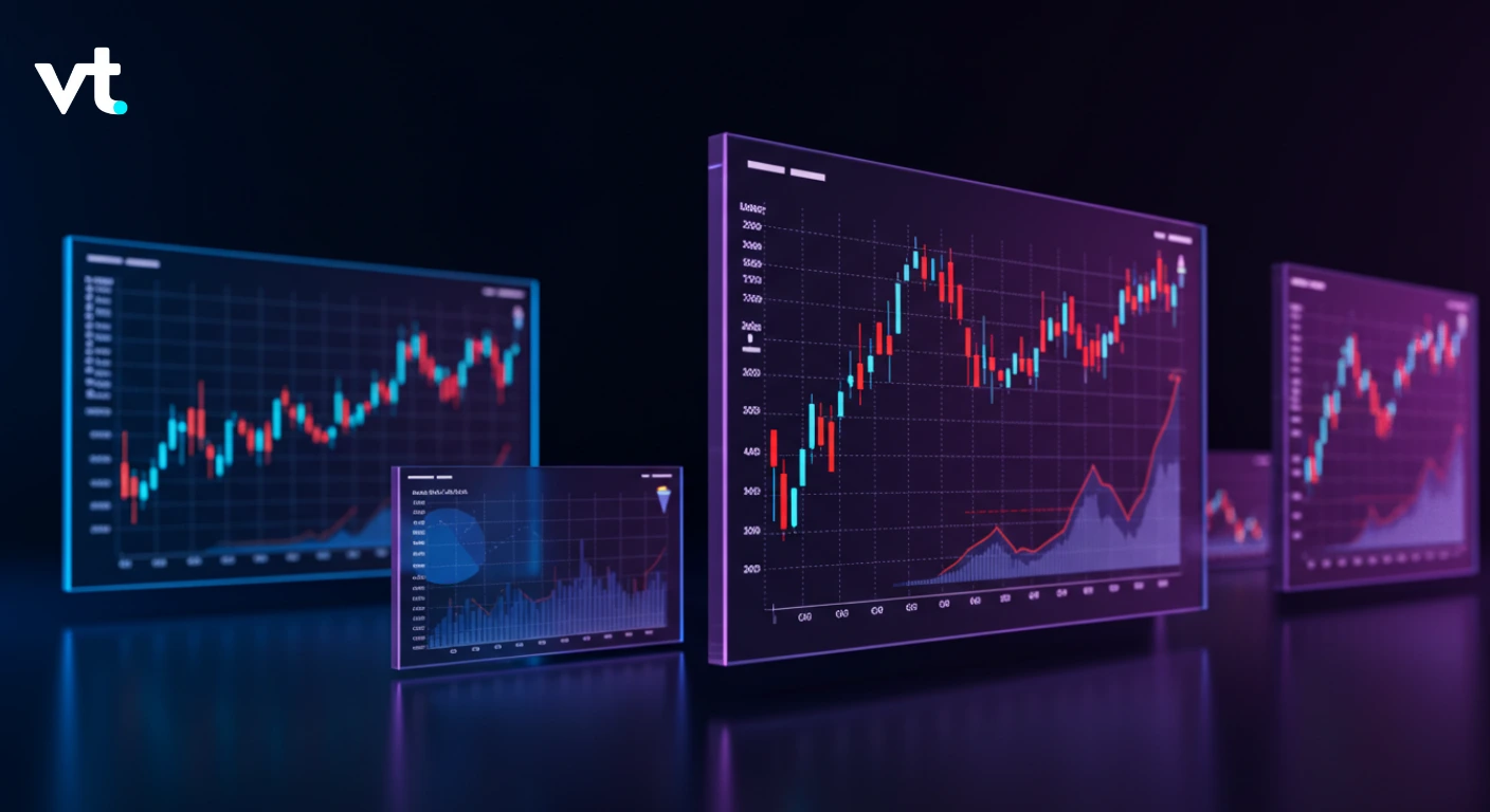 Neon-lit monitors showing stock market charts and graphs in blue and purple hues, with a vt logo in the top-left corner.