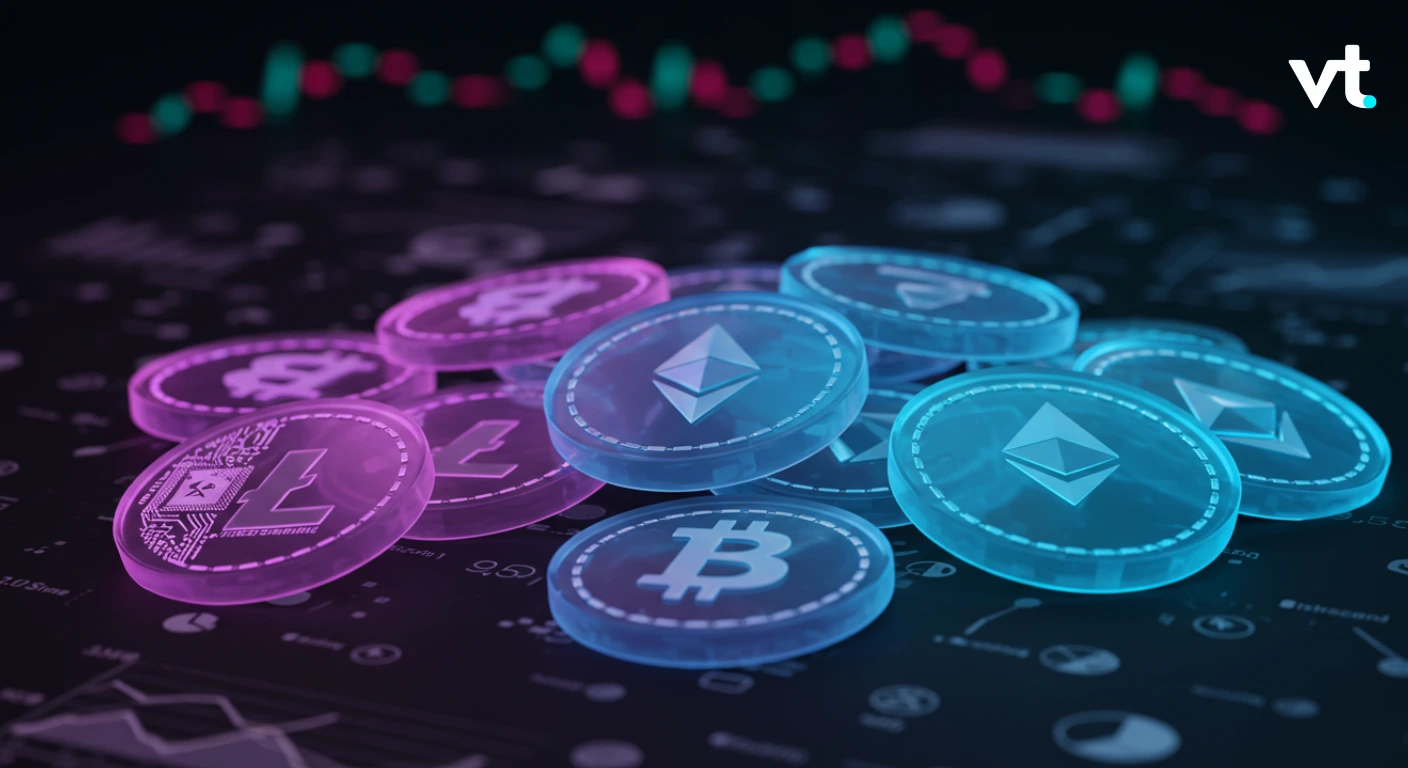 Glowing cryptocurrency coins (Bitcoin, Ethereum, and others) on a dark trading chart background with a VT logo in the corner.