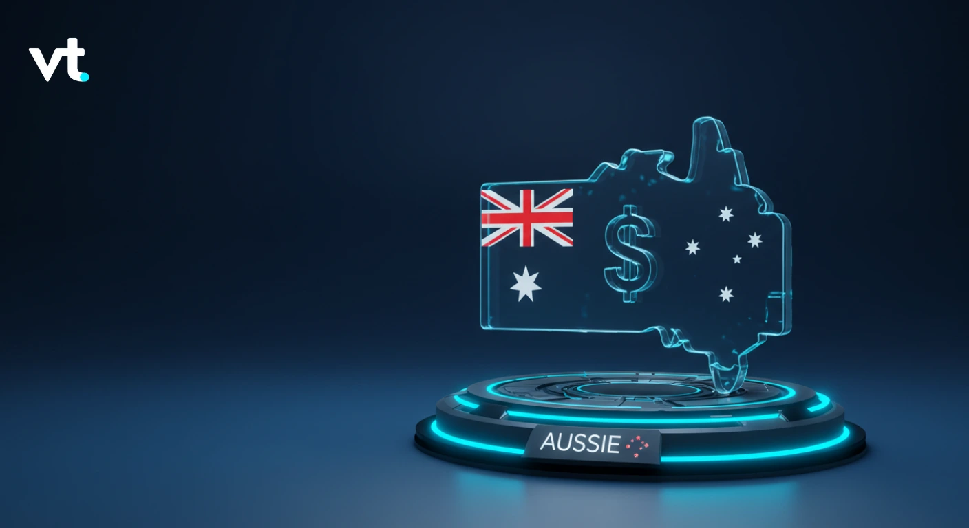 Holographic map of Australia with a dollar sign and Australian flag on a glowing circular platform labeled 'AUSSIE'.