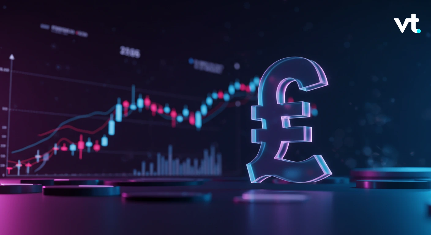 3D neon euro symbol in the foreground with a stock market chart in the background; VT logo in the top-right corner