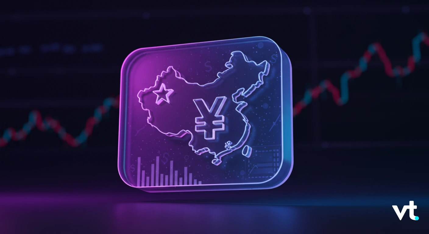 Neon outlined map of China with yuan symbol inside, set against a stock chart background.