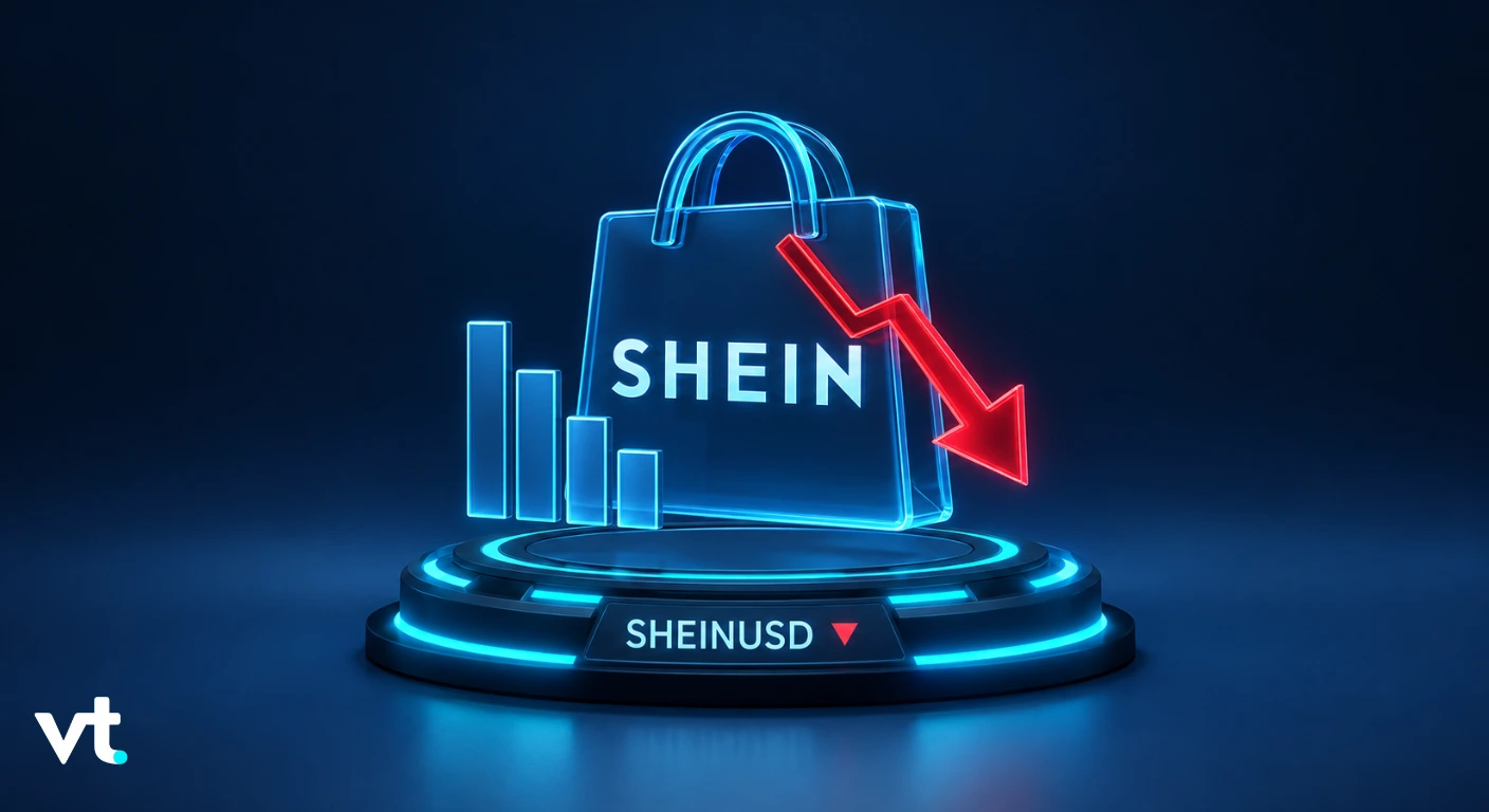 Neon blue SHEIN shopping bag on a futuristic pedestal with a red downward arrow, indicating stock decline.