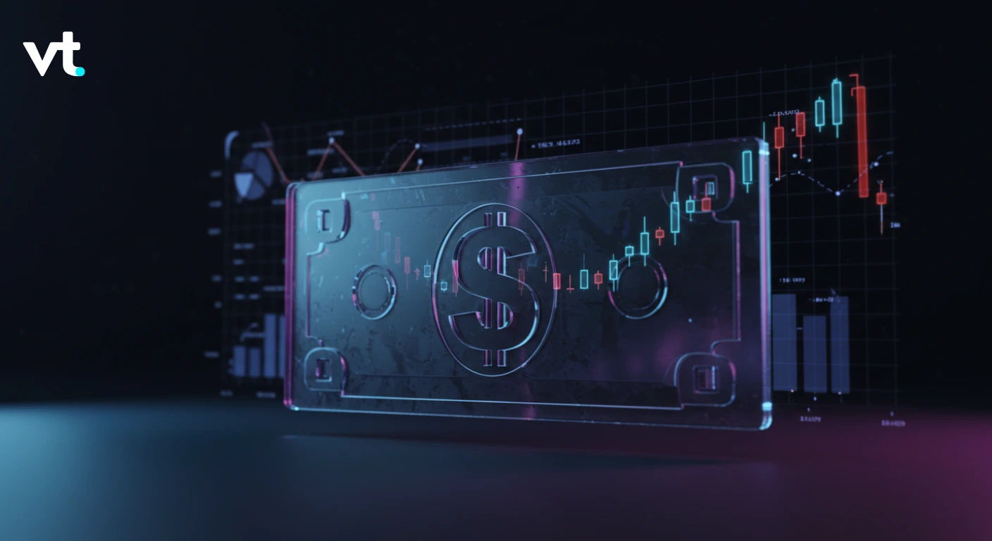 Futuristic transparent safe with a dollar sign, overlaid on stock charts and data visualization.