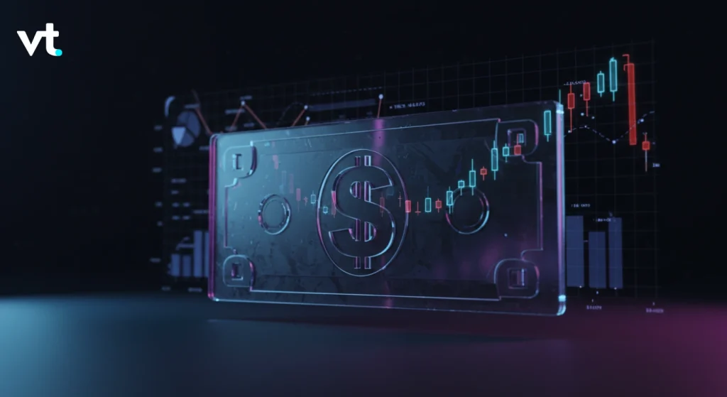 Digital vault iconography a glowing safe with a dollar symbol overlaid by stock charts and trading data in neon blue and pink hues VT logo in corner