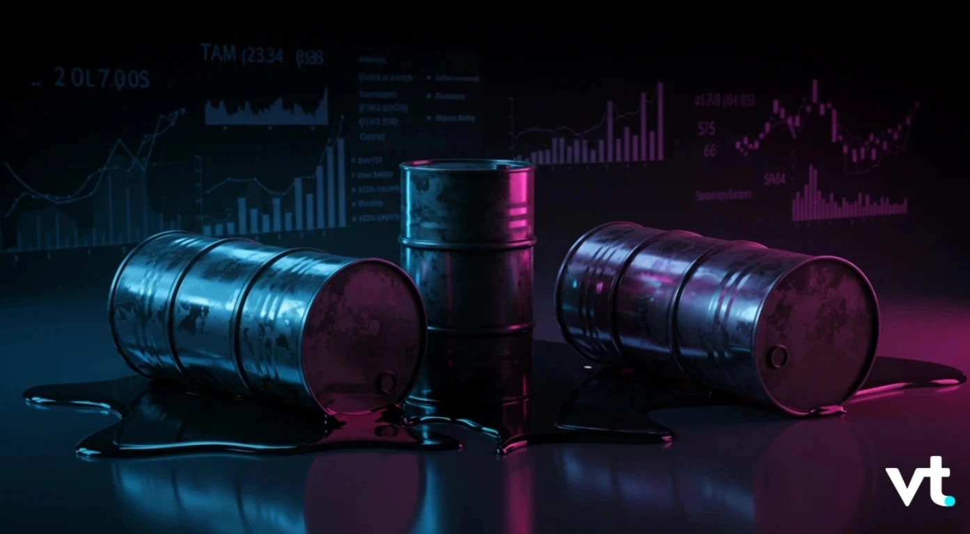 Three oil barrels on a reflective surface with neon blue and pink lighting; stock charts glow in the background.