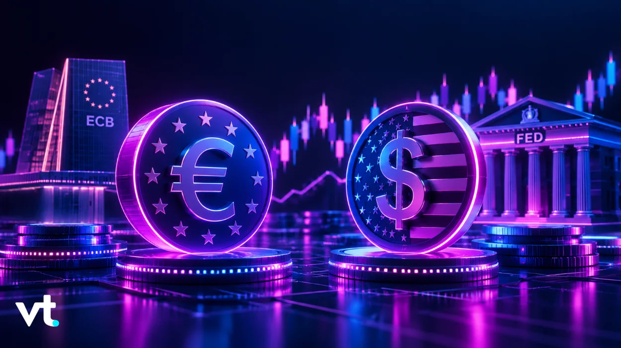 Neon lit euro and dollar coins on podiums with ECB and FED buildings in the background symbolizing international finance