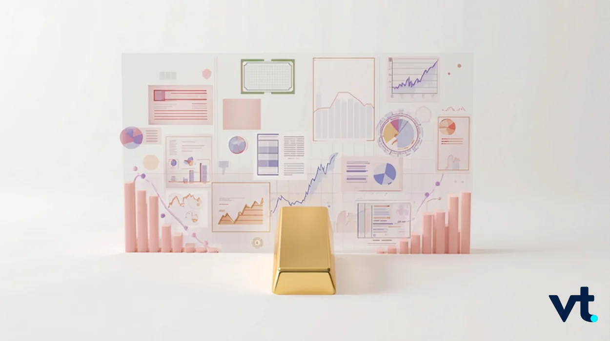 Gold Post NFP VT Markets Abstract data visual collage with pastel charts and graphs on a white board a gold bar sits centered in the foreground VT logo in the bottom right corner