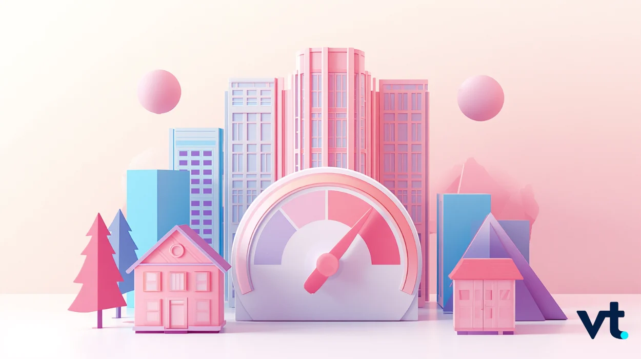 Pastel city skyline with a large speedometer in the center, symbolizing performance.