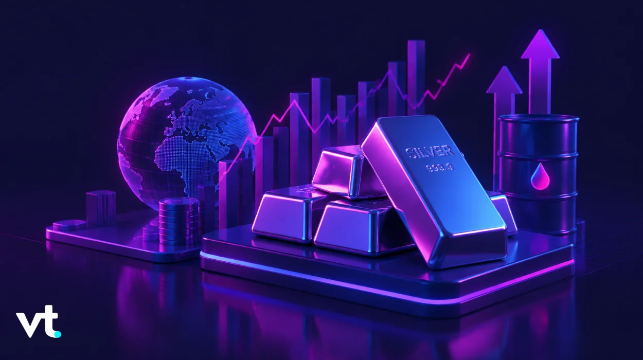 Silver VT Markets Neon lit silver bars on a platform with a globe oil barrel coins and rising charts symbolizing precious metals market growth