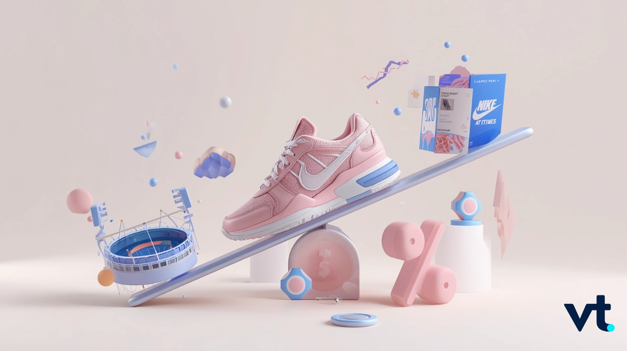 SportsbrandNIKE VT Markets Pink Nike running shoe balanced on a tilted rod with pastel geometric shapes and abstract props VT logo in the corner product focused scene