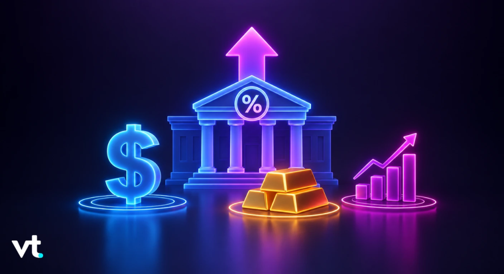 image VT Markets Neon lit bank building with a glowing dollar sign on the left gold bars in the center and an upward trending neon chart on the right symbolizing financial growth