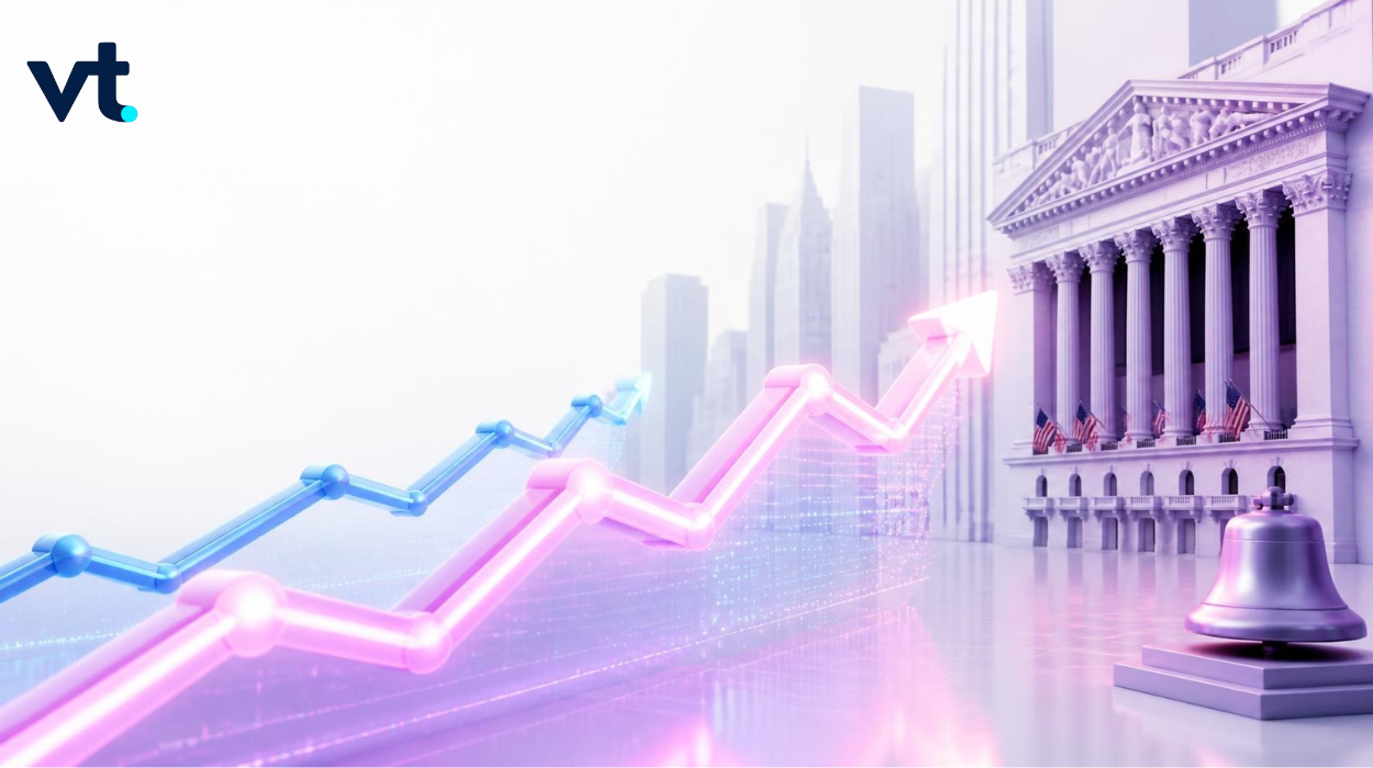 nfpfutures VT Markets Finance themed illustration showing rising pink and blue graph lines near a government style building and a large bell suggestive of market growth