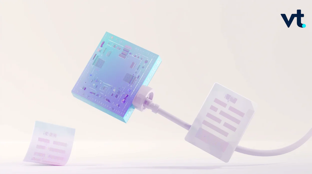 Blue circuit board connected to a white plug on a pale background with a VT logo.