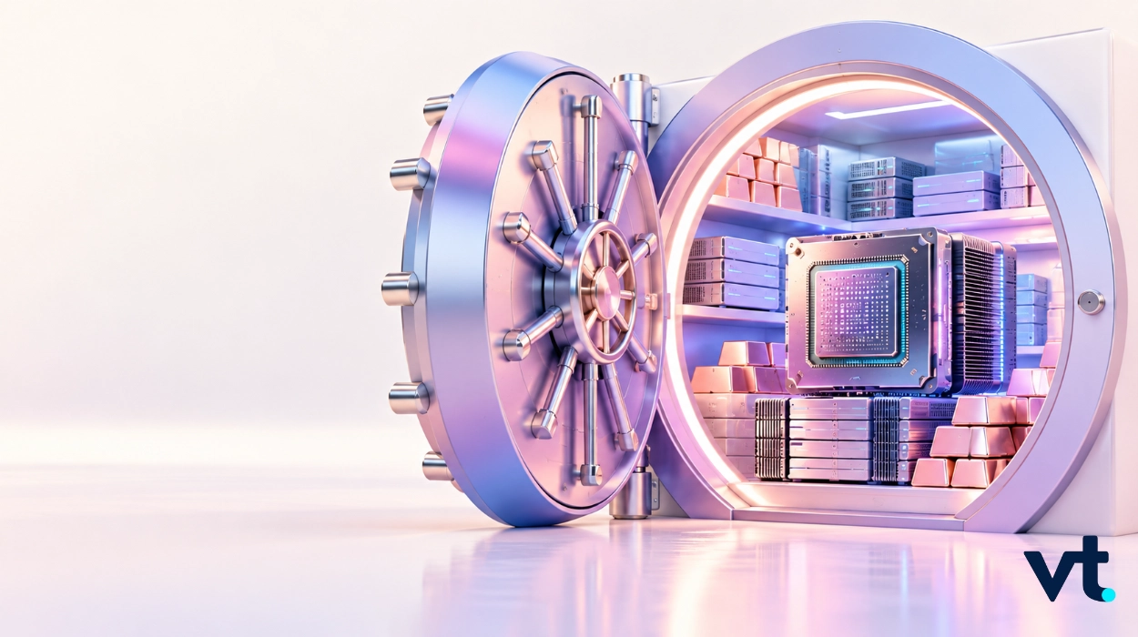 Open high-security vault revealing server hardware and stacked metal bars, with a VT logo in the corner.