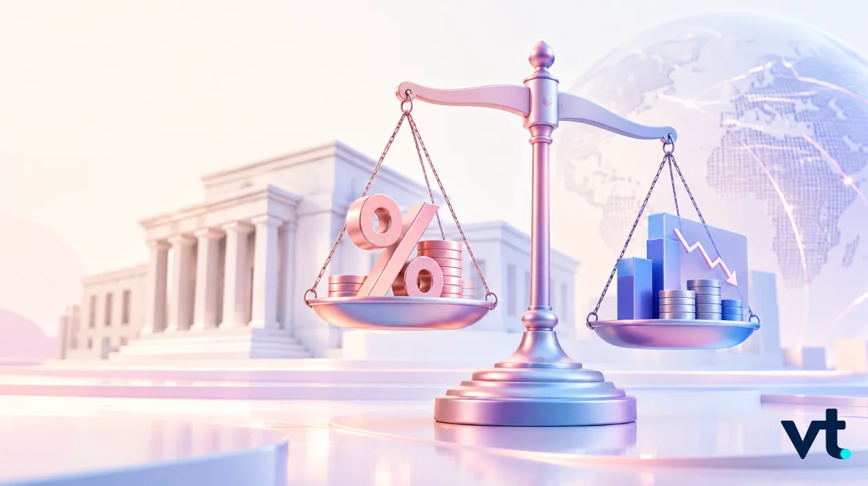 Balance scales with a percent sign and coins on the left and a bar chart on the right a globe and government building in soft pastel tones in the background VT logo bottom right