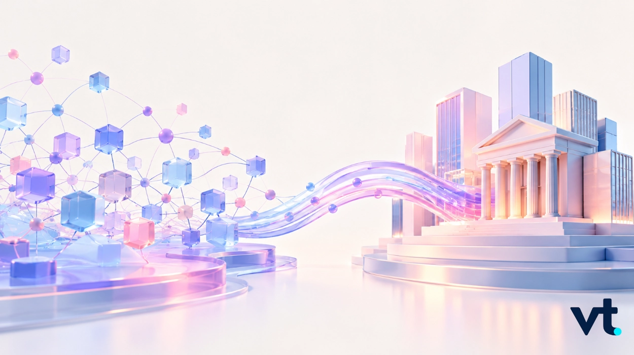 Token2049CryptoFinTechwebp VT Markets Abstract futuristic network of blue and pink cubes connected by lines flowing toward a neoclassical government building VT logo bottom right