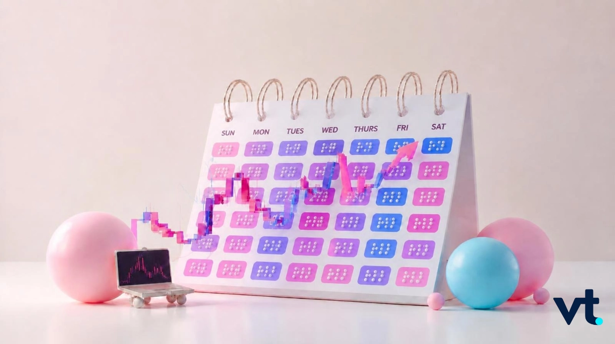 Calendar with pink/blue grid and a pink/blue stock chart overlay, surrounded by balloons and a small laptop displaying a chart; VT logo bottom-right.