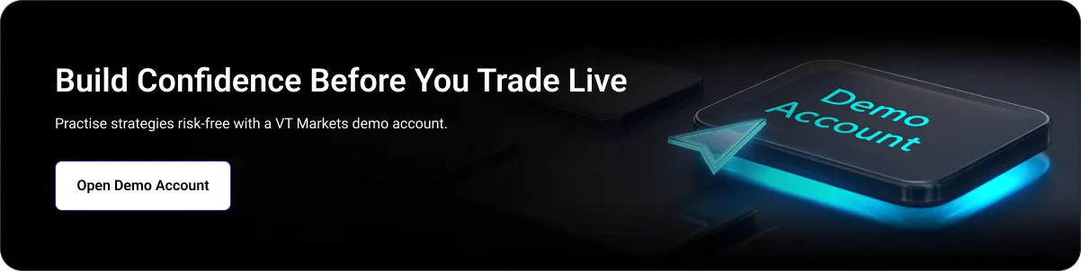 Hero promotional banner: headline 'Build Confidence Before You Trade Live' with a glowing neon blue demo account card on the right and an 'Open Demo Account' button on a dark background.