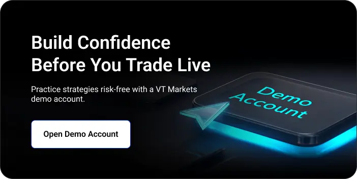 Marketing hero banner promoting VT Markets demo account; glowing phone screen shows 'Demo Account' beside a white 'Open Demo Account' button.